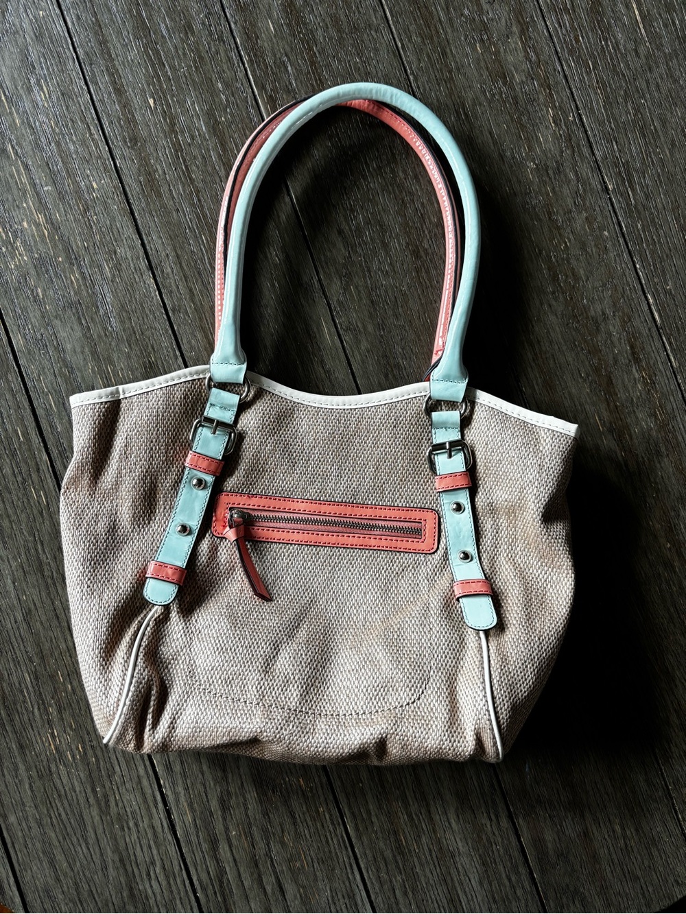 Neutral Tote with Mint and Coral Trim